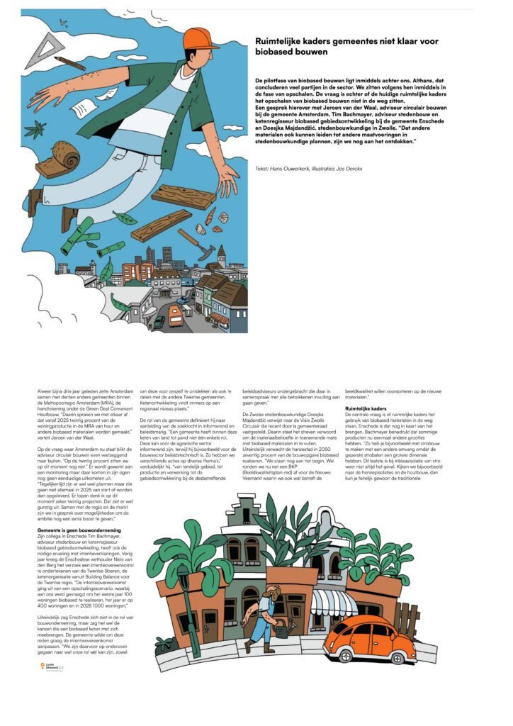 Editorial illustration page about biobased building. plants as buildings.